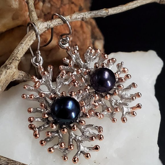 Sterling 925 Silver 14K Gold Unique Designer Earrings Genuine Black Pearls